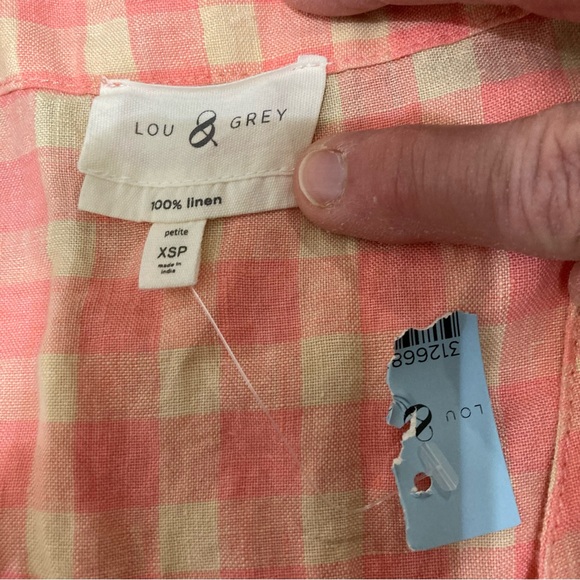 Lou & Grey Linen Gingham Shirtdress Women XSP V-neck Pockets pink & tan check - Picture 6 of 10